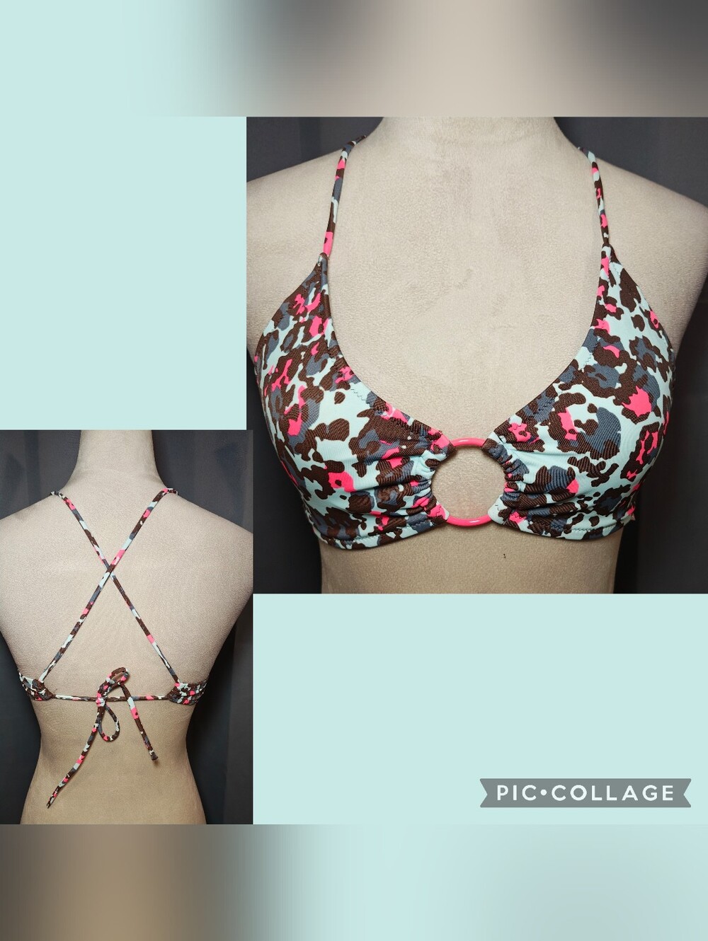 2007 Victoria's Secret Blue Cheetah Camo Print Halter Bikini Top w Neon O Ring